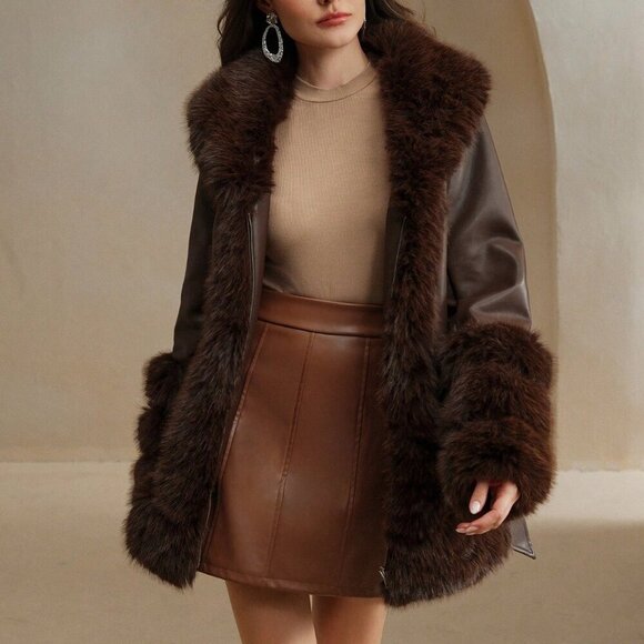 Coffee Brown Elegant Women's faux leather & faux fur Jacket - Picture 7 of 8